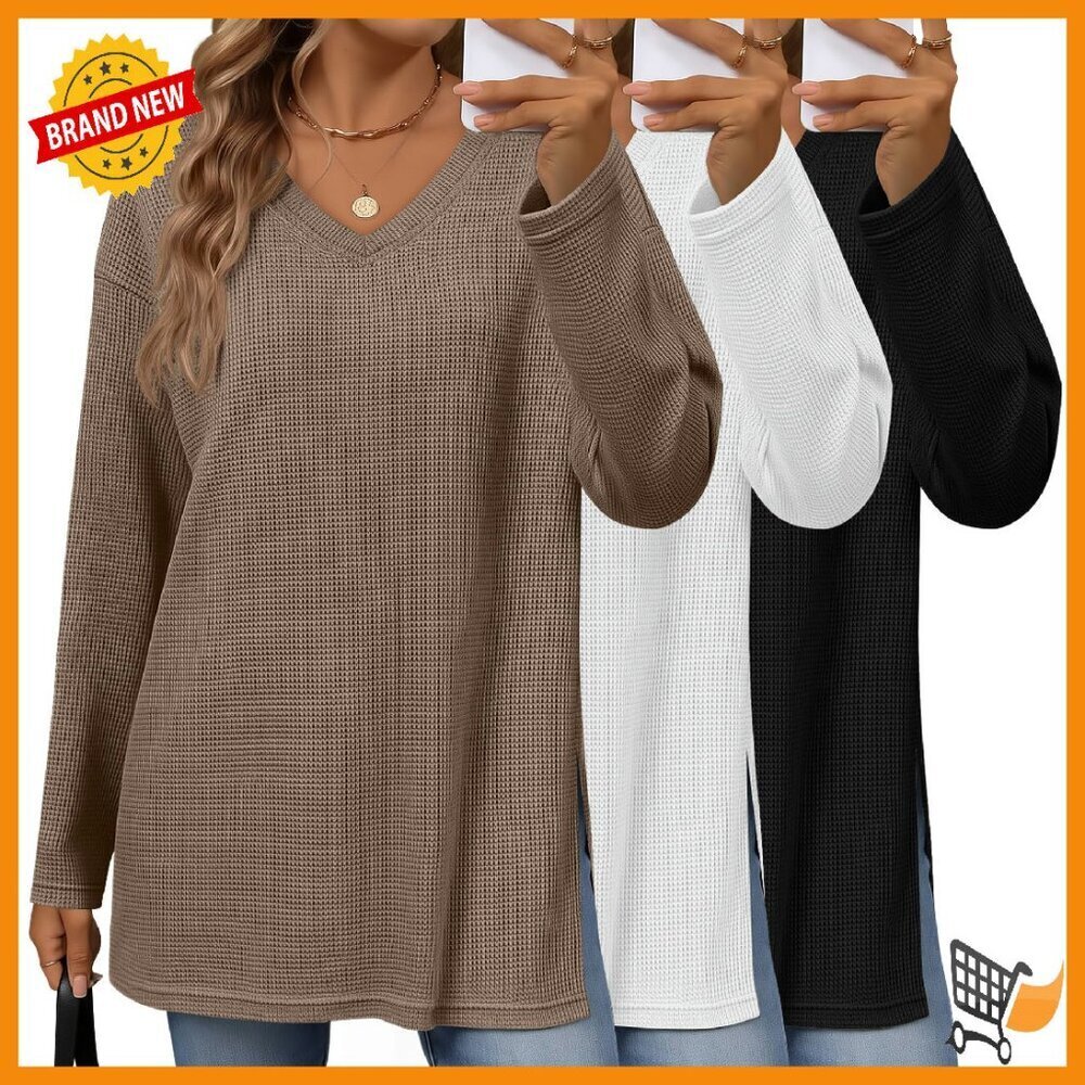 Oversized V-Neck Waffle Knit Long Sleeve Tops 3-Pack Polyester Spandex